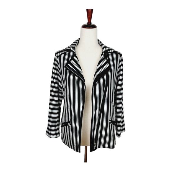 Sharon Young Black White Stripes Tailored Asymmetrical Zip Front Jacket - Small - Picture 1 of 11